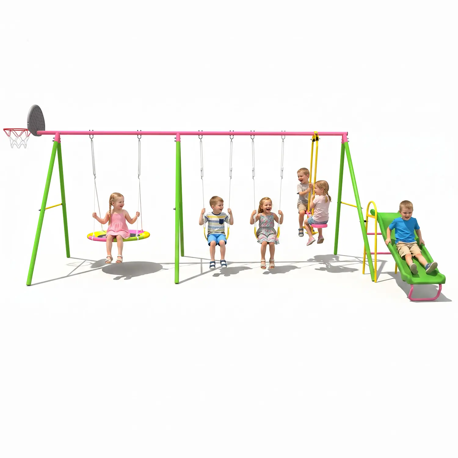 Mersco 6 in 1 Pink Swing Sets for Backyard with Kids Slide & Basketball Hoop, Outdoor Heavy-Duty Metal Playset with 4 Swing Seats(Pink,Blue,Orange)