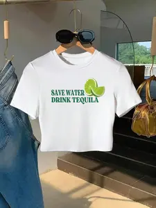 White Cropped "Save Water Drink Tequila" Lime Graphic Short Tee Womenswear - Party Vibe Casual Top, 2026 Trending Streetwear, Soft Fabric Perfect for Bar Dates & Parties, Bold Fun Slogan That Stands Out, Versatile Fitted Slim Fit