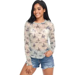 Women's Long Sleeve Mesh Top See Through Clubwear Sheer Tee Top Casual T Shirts Blouse