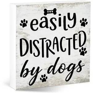 Easily Distracted By Dogs Pet Desk Sign Rustic Wooden Room Decor Vintage Plaque Decor for Dog Pet Lovers Moms Parents Gifts for Farmhouse Home Kitchen Living Room Women Men 5x5 inch