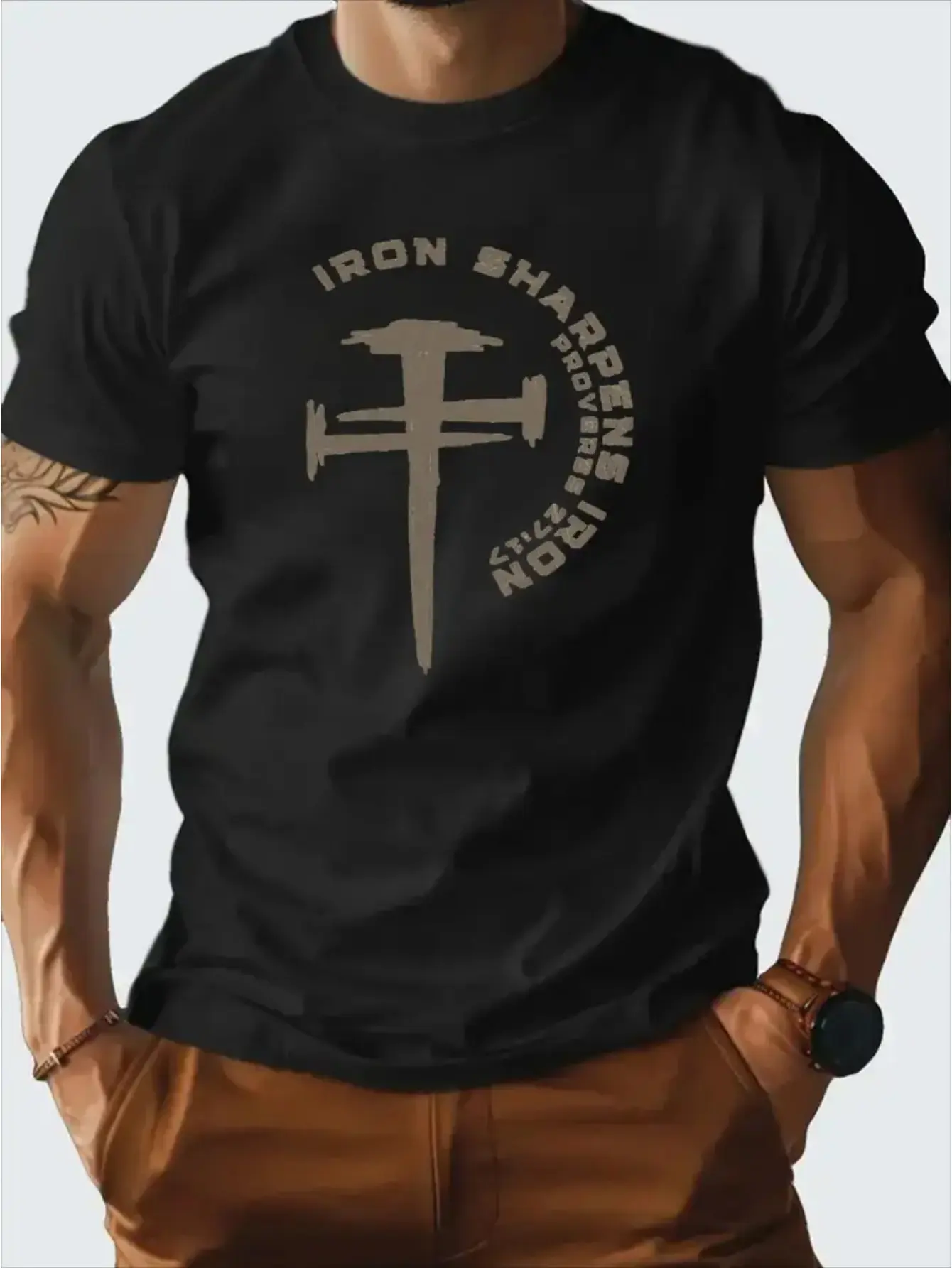 Men'S  Cotton Casual T-Shirt - Iron Sharpens Iron Cross Design, Comfortable Short Sleeve Tee for Summer, Daily Wear & Outdoor Activities, Minimalist Black Graphic Tee, Motivational Apparel |   Minimalist Graphic Tee |    Cotton Shirt