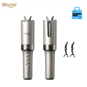 Bluvol Cordless Automatic Portable Rotating Curling Wand for Beach Waves, Dual Voltage, Rechargeable & Travel-Friendly, Safe Tangle-Free Curler, Gift