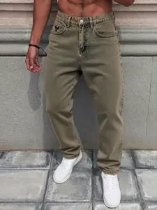 Men's straight-leg jeans, washed and distressed, with embroidered logo details. High-street casual denim pants with a comfortable regular fit. Suitable for daily casual wear, urban street style, and dating fashion looks. A must-have trendy men's pants 🔥