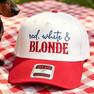 Red White & Blonde Trucker Hat for Women – Patriotic Embroidered 4th of July Baseball Cap, Adjustable Mesh Snapback Hat for Memorial Day, Country Concert, Beach Vacation & Summer Outfit