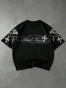 Unisex Oversized "Saint Tears" Graphic Tee | Black Premium Cotton | White Gothic Script Print | Chain & Star Sleeve Design | Y2K Streetwear for Summer & Urban Outings | Viral Edgy Top | Menswear