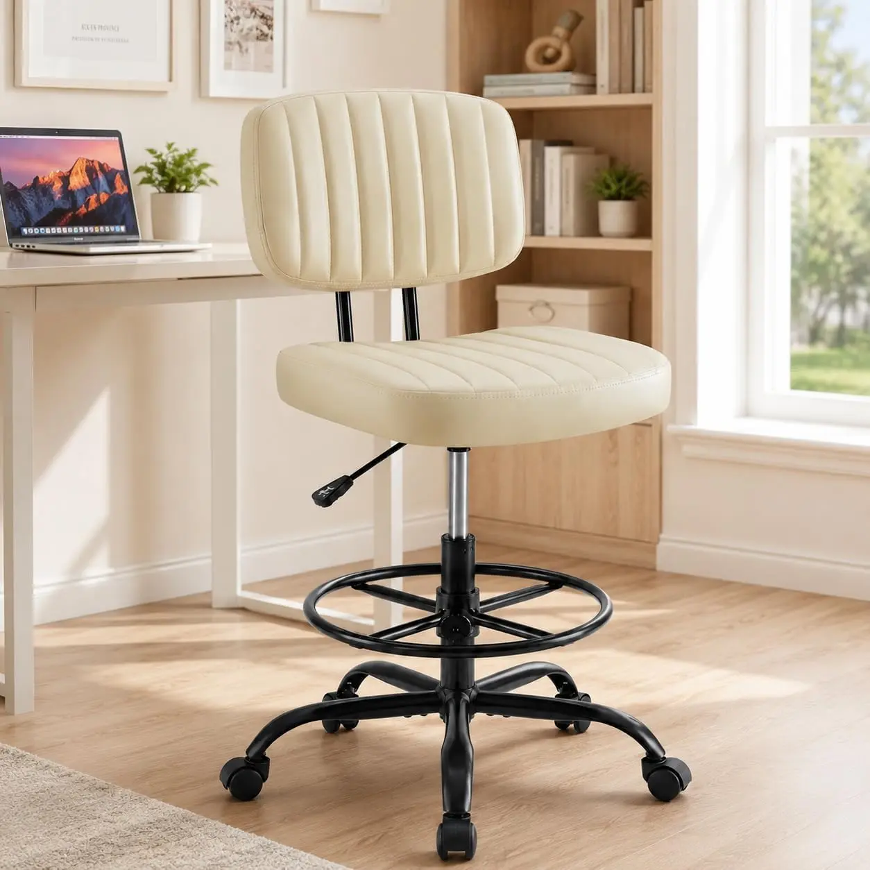 Armless PU Leather Drafting Chair - Low Back, 360-Degree Swivel Rolling High Stool with Adjustable Footrest Ring for Standing Desk, Small Spaces