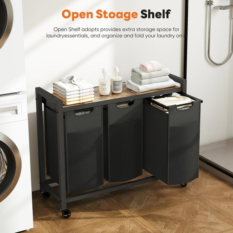 Laundry Hamper, Laundry Sorter with Shelf, Clothes Basket Organizer with 2 Pull-Out and Removable Bags, Movable Wheels for Laundry Room Bathroom Bedroom, Metal Frame, Black