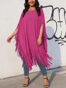 Plus Size Fringe Asymmetrical Top, Round Neck Loose Fit, Full Fringe Design, Casual Style, Conceals Fat, Slimming Effect, Daily Wear