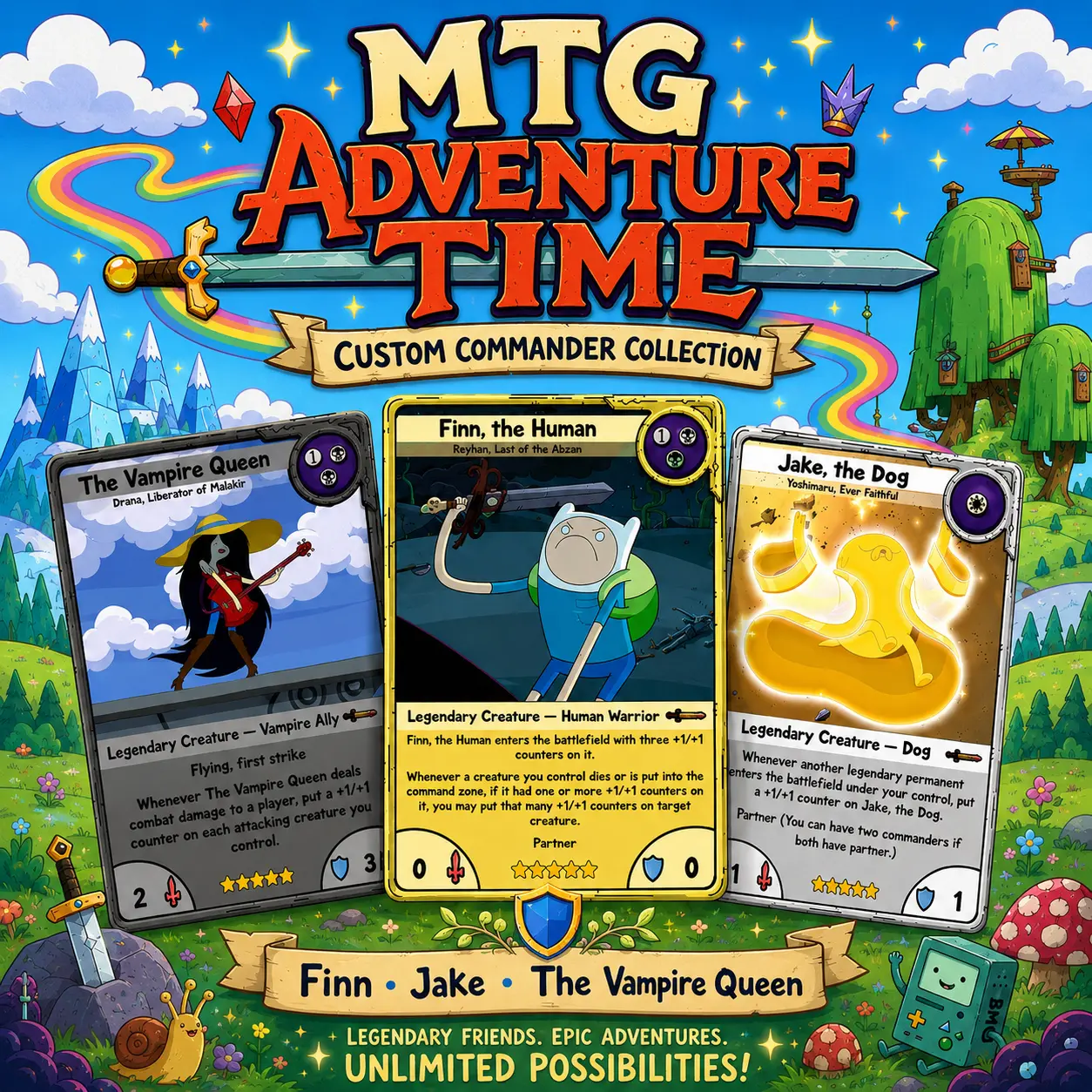Adventure Time Vibrant Fan-Made Fantasy MTG Proxy Commander Deck - 100+ Card Cartoon Collectibles Set, Boxed for Casual Play EDH Card Collectors, Ideal for Display, Card Collecting, Proxy Deck