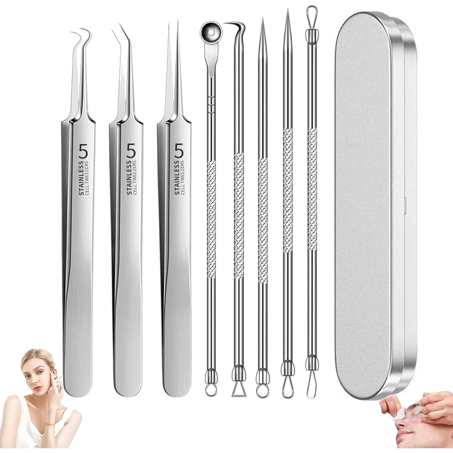 8PCS Blackhead Remover & Pimple Extractor Kit, Professional Acne Treatment Tools, Deep Pore Cleansing, Safe for All Skin Types