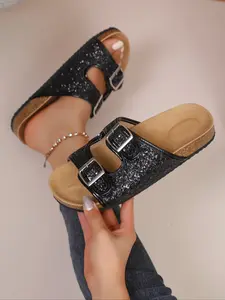 Style Sequin Slippers for Women, Dual Buckle Soft Wood Sole Outdoor Sandals, Summer Trendy Sparkling Lazy Slip-Ons