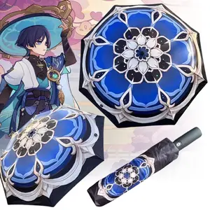 Folding Anime Umbrella Windproof UV Blocking Black Parasol Balladeer Cartoon Rain Sun Umbrellas Lightweight Foldable Umbrella Automatic Raincoa Gift Lightweight Waterproof Umbrella