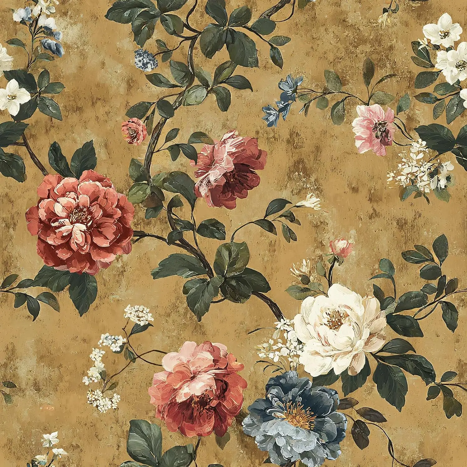 VEELIKE Hand-Painted Antique Mustard Yellow Floral Peel-and-Stick Wallpaper, Vintage Chinoiserie Moisture-Proof Matte Vinyl Finish, 17.7in x 354in Self-Adhesive Removable Contact Paper for Powder Room, Slate Blue Cottagecore Home Decor, Kitchen
