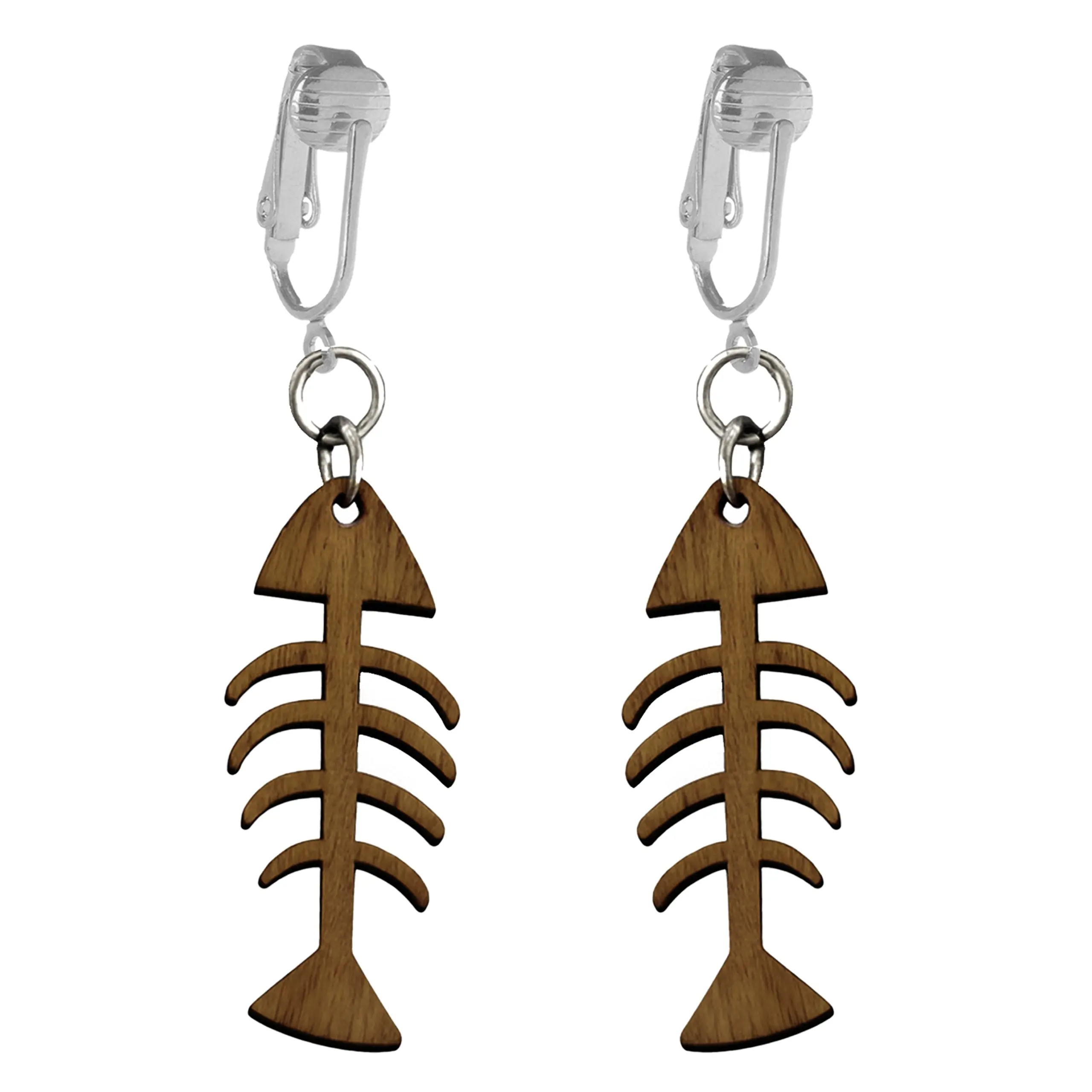 Silver Wooden Fishbone Clip On Dangling Earrings