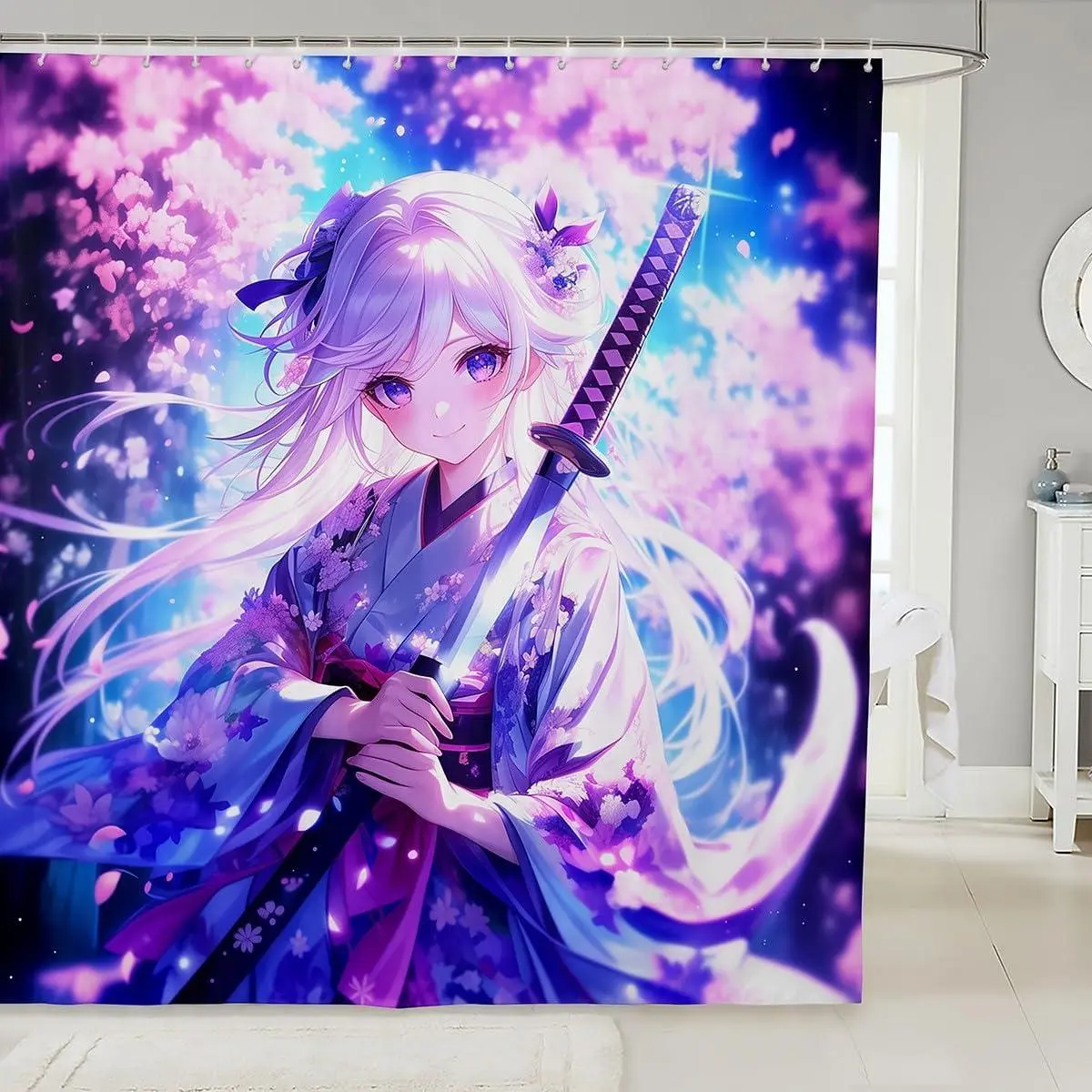 Feelyou Waterproof Cartoon Anime Girl Fabric Shower Curtain - Cartoon Print, Character-Themed, Printed Design, Whimsical Decoration, Washable, Multi-Size, Bathtub-Fit, with C-Hooks for Kids, Cartoon Print Curtains, Character-Themed Curtains