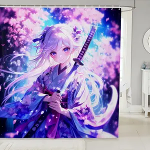 Anime Girl Fabric Shower Curtains For Kids, Kawaii Japanese Anime Bath Curtain, Cartoon Girl Shower Curtains