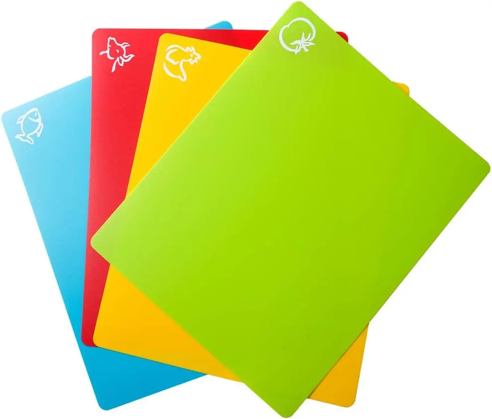 Flexible Plastic Cutting Board Mats, Colored Mats With Food Icons, Gripped Back, Cutting board Set of 4