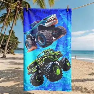 Blue Gradient Shark Head Camo Monster Truck Print Beach Towel, Super Size, Skin-Friendly, Absorbent, Quick-Dry, Perfect for Beach, Pool, Summer Outdoors