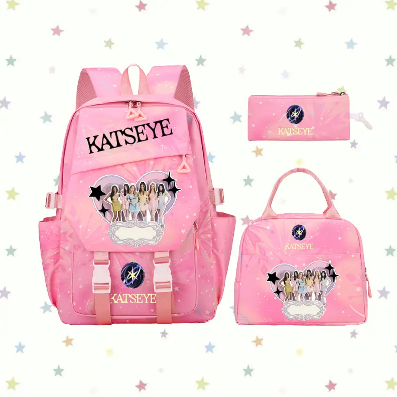 Personalized KATSEYE pale pink School Backpack Set | Custom Name Bookbag with Lunch Tote & Pencil Pouch
