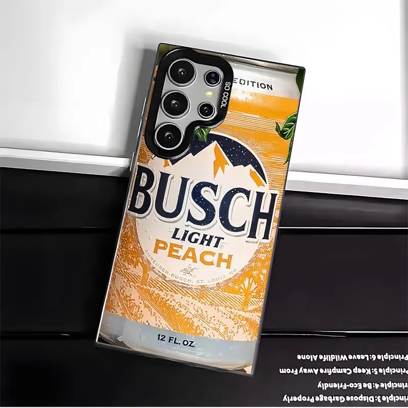 Casing For SAMSUNG GALAXY S22 S23 S24 FE ULTRA Busch light apple pattern Black Silver Stylish Acrylic Shockproof Protection Anti-Drop Phone Cases Shell Cover drink Cellphone Smartphone