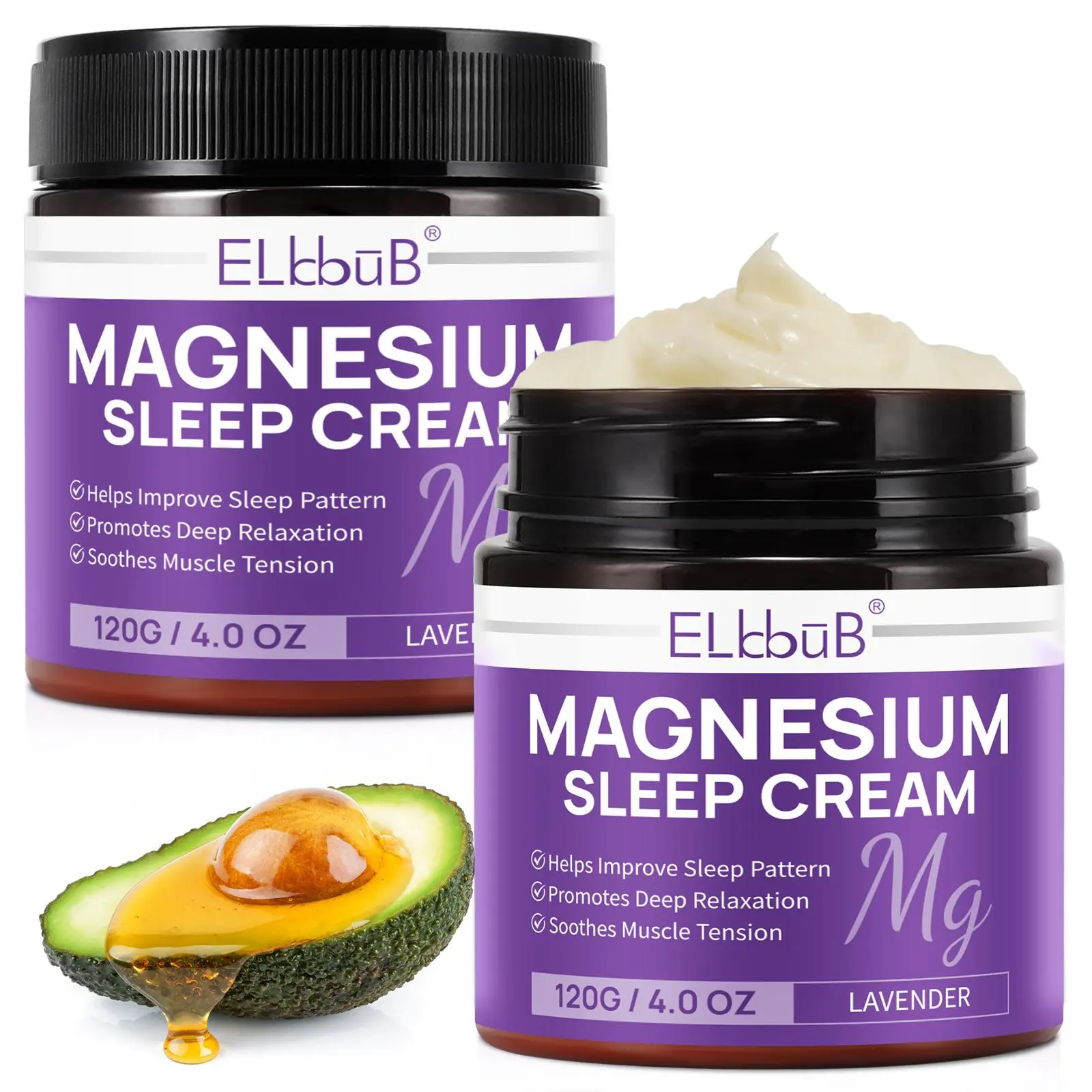 ELBBUB Magnesium Cream - 1/2 count - Enriched with Almond Oil, Lavender and Vitamin E for Muscle Relaxation - For Skin, Body Care, Hydrating, Moisturizing, Nourishing & Fast Absorption - Lavender Magnesium Cream 120g/240 Moisturizer, Gentle