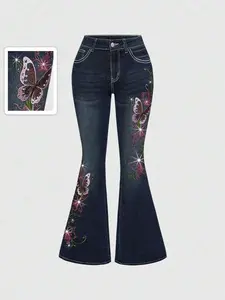 ROMWE Fairycore Women's Vintage Y2K Sexy Butterfly Vine Embroidery Rhinestone Decor Super Low Waist Flare Jeans