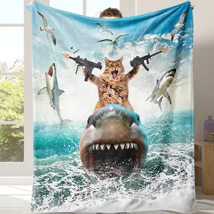 1pc Shark and Cat Weapon Blessing Blanket, Flannel Soft Cozy Throw, Sofa Bed Cover, Travel Camping, Living Room Office, Gift