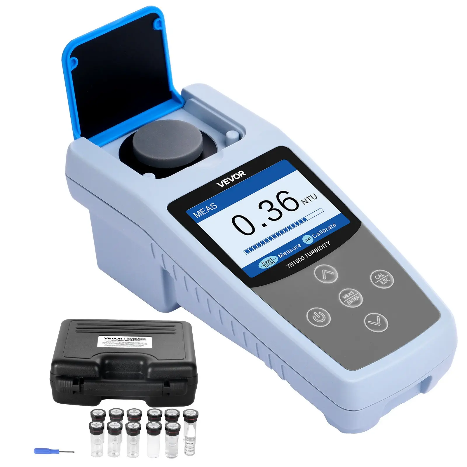 【Summerfinds】VEVOR Portable Red Light Turbidimeter Detector, 0-1000 NTU Units Auto-Ranging, ISO 7027 Compliant, Quick Reading, with Calibration Solutions, Sample Vials & Carry Case, for Drinking Water Monitoring & Water Testing