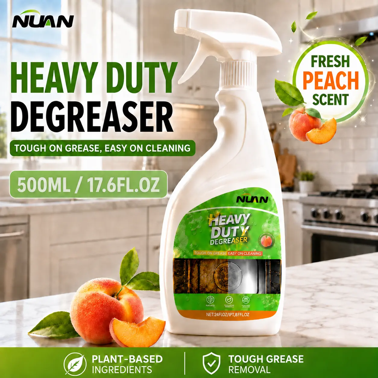 NUAN Heavy Duty Degreaser Spray (500ml) - Concentrated Kitchen Cleaning Product, Effective Stain Removal, Tough Stain Power Household Item for Stovetop, Oven