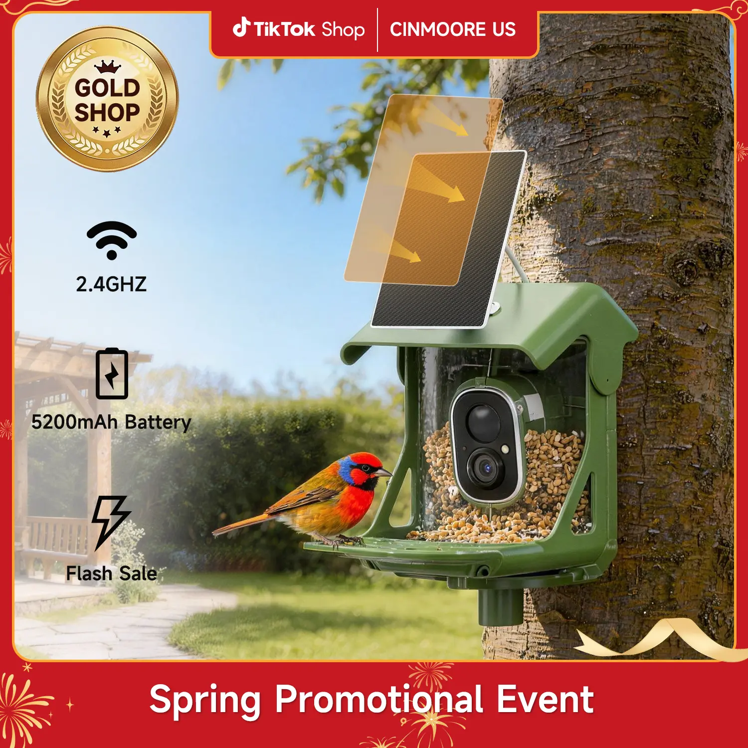 CINMOORE Smart Bird Feeder with Camera - Solar Powered, AI Bird Recognition, 2.4G WiFi 2.5K HD Video Live Stream, Full Color Night Vision, Instant Arrival Alerts, Weatherproof Bird House for Outside