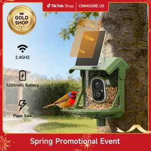 CINMOORE Smart Bird Feeder with Camera - Solar Powered, AI Bird Recognition, 2.4G WiFi 2.5K HD Video Live Stream, Full Color Night Vision, Instant Arrival Alerts, Weatherproof Bird House for Outside