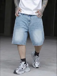 American Vintage Light Blue Denim Shorts, Classic Casual Fitted Style, Drawstring Waist, Pockets, Short Length, Men's Fashion Pants