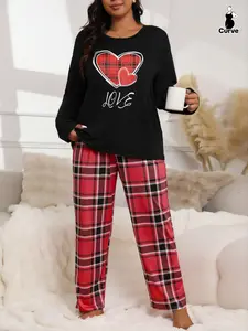 Plus Size Comfortable Sleepwear Set, Heart Print Long Sleeve Top, Plaid Bow Pants, Soft Polyester Blend, Fall/winter Casual Wear, Soft Casual Pajamas