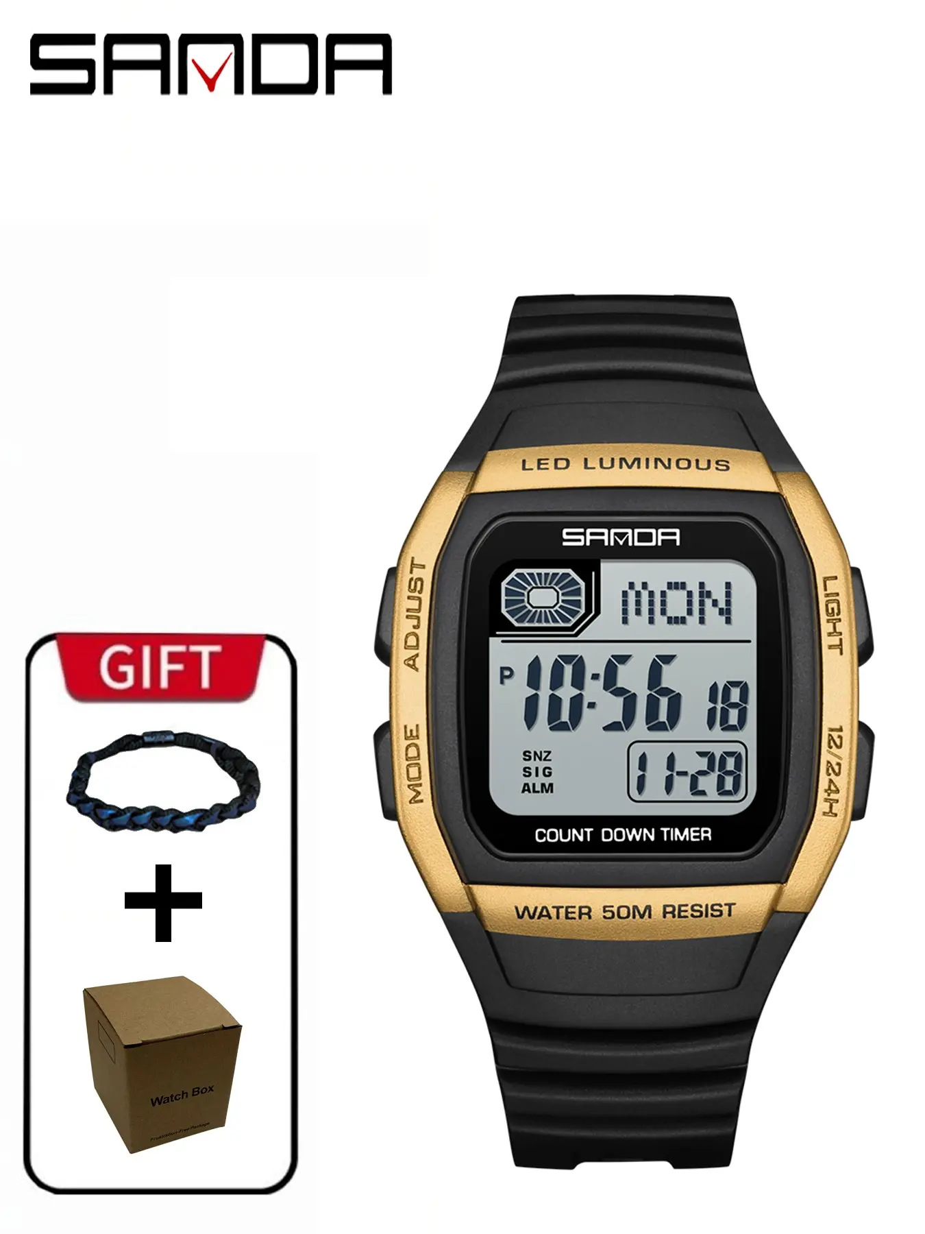 Sanda 2208 Electronic Watch, Multifunctional Sports Digital Watch, Waterproof Night Light, Unisex, 5atm, Dual Time Zone, Stopwatch Function