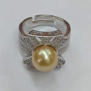 ANGEPERLE Alloy Ring with Seawater Pearl and South Sea Golden Pearl 9-10mm TSYM03M