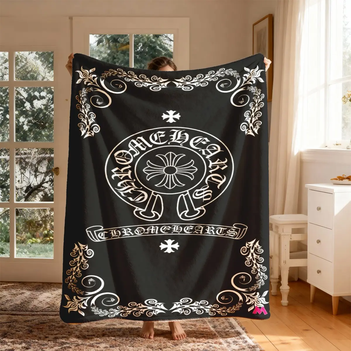 Chrome Hearts Classic Horseshoe Print Flannel Throw Blanket, Slogan Print Blanket, Large Size, Soft Lightweight Warm, Perfect for Bed Sofa Office Camping Travel Gift, Soft Throws Blanket, Flannel Cozy Blanket