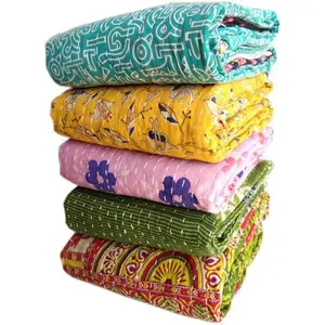 Indian vintage reversible handmade kantha throw blanket, hippie bohemian cotton, assorted kantha bedspread quilt, 1 piece