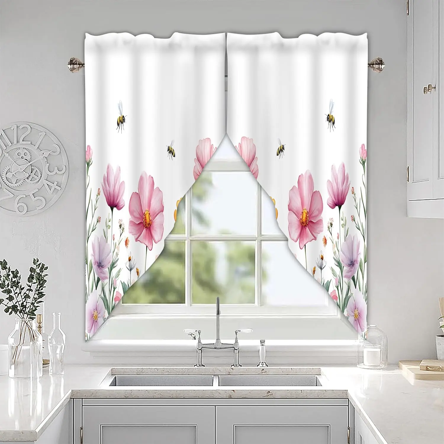 Wildflowers & Bees Pink Floral Swag Curtain Valance - Home Decoration Curtain, Black Gray Short Window Treatment Topper, 28x36 In, for Kitchen & Bathroom Windows
