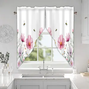 Wildflowers Bees Pink Floral Swag Curtain Valance for Windows,Black Gray Window Treatments Short Swag Topper for Kitchen Windows Bathroom Bedroom,28 x 36 Inch