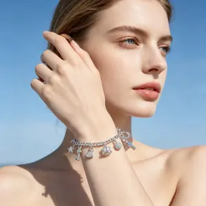 Women S925 Silver Plated Charm Bracelet, Non Tarnish Zircon Cross Moon Star Lock Key Pendant, Adjustable Stackable Fashion Bracelet Jewelry Gift