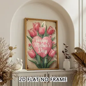 2D Plain Unframed Printed Canvas Art, Heart Tulip Bouquet, Indoor Decoration for Living Room, Bedroom, Dining Room, Office, Mother's Day Wall Art
