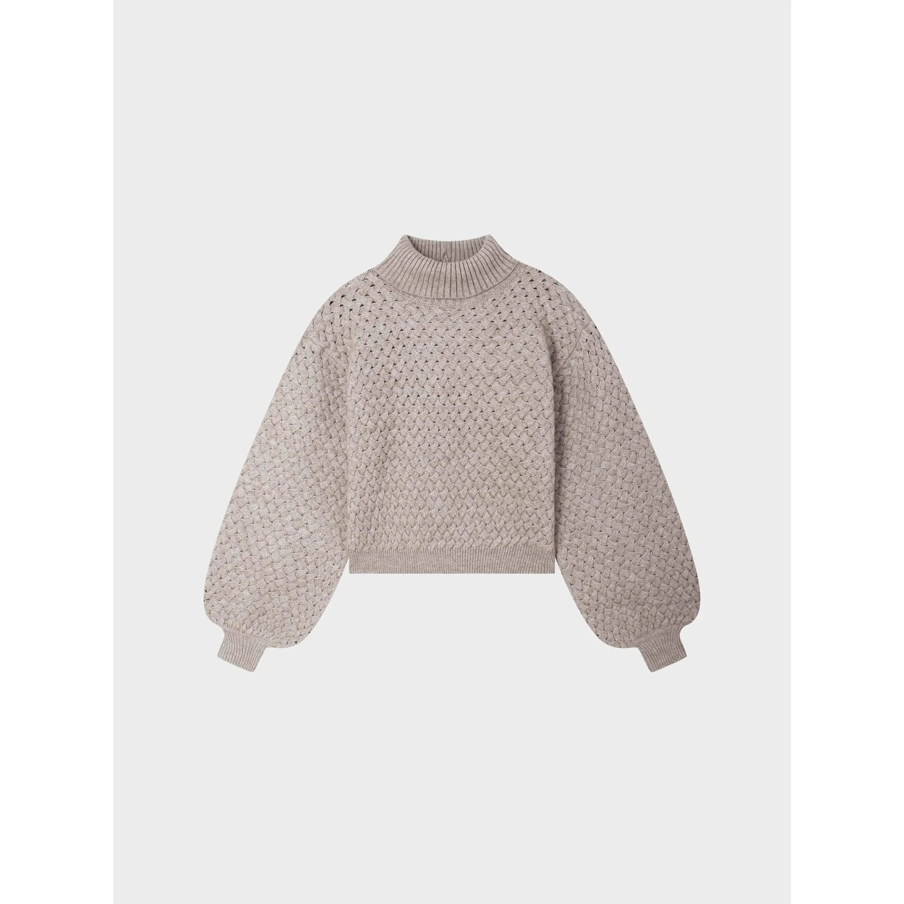 Basketweave Turtleneck Sweater-Taupe