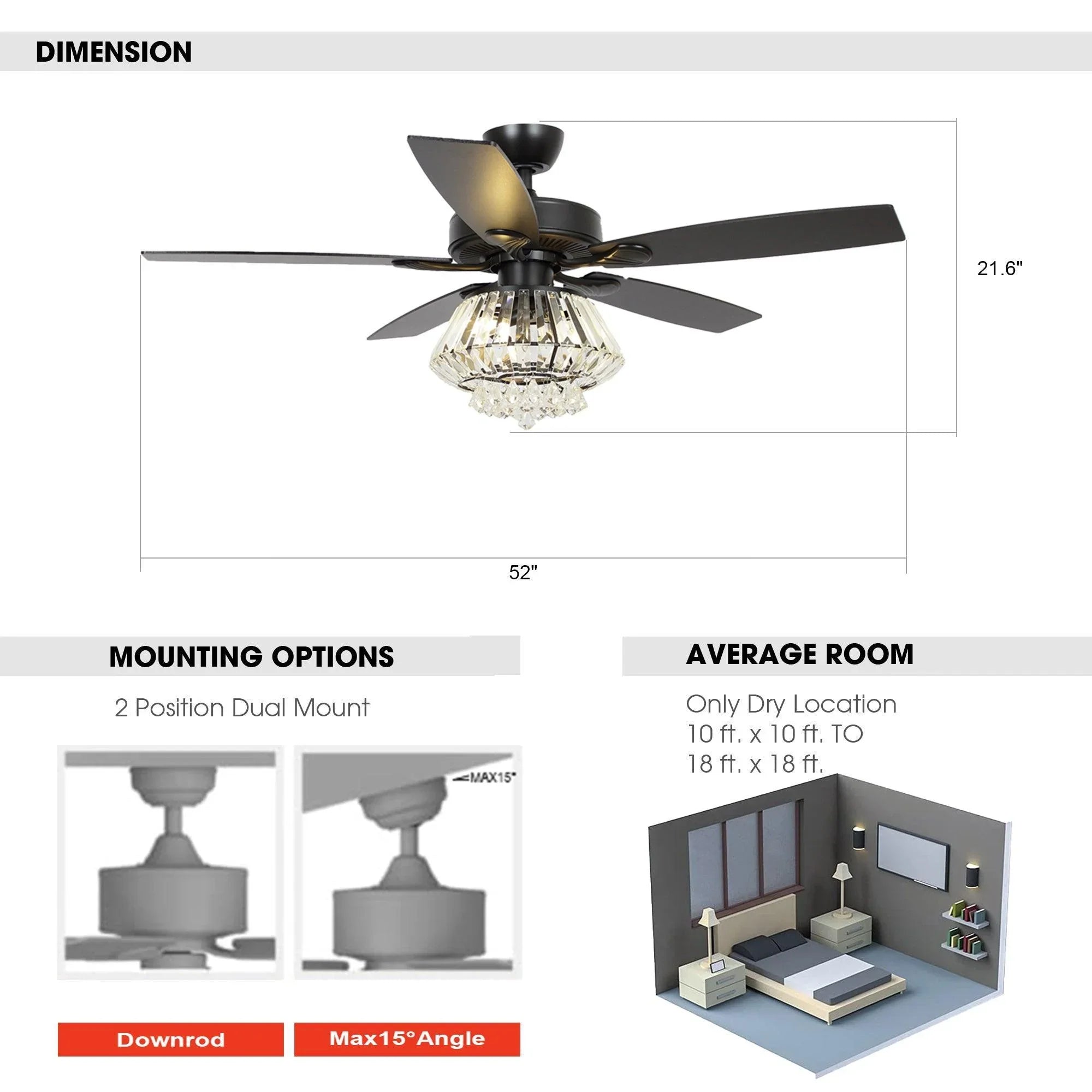 52" Kerala Modern Chrome Crystal Ceiling Fan, Downrod Mount, Reversible Blades with LED Light & Remote Control