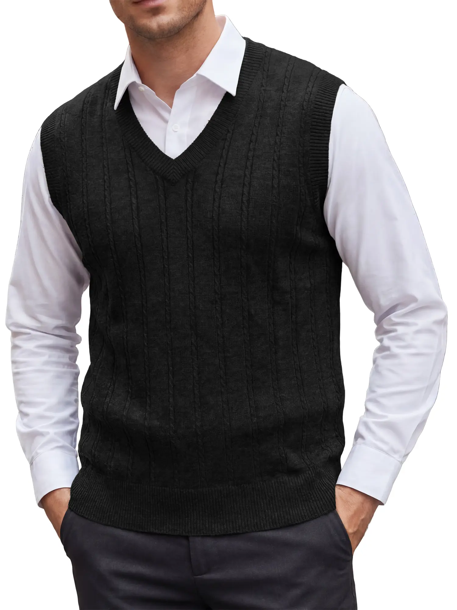 INSPIRE CHIC Men's Casual Pullover V-Neck Solid Cable Lightweight Knit Sweater Vest