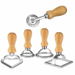 5 Pack Dumplings Stamp Maker Cutter with Roller Wheel Set,Mold with Wooden Handle and Fluted Edge,Pasta Press Kitchen Attachment,for Pasta, Dumplings Lasagna