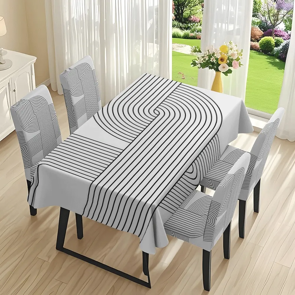 5/7 Pcs 2D Flat Black White Geometric Line Print Tablecloth & Chair Cover Set, Stretch Removable Washable Dining Chair Slipcover, Minimalist Modern for Home Dining & Office Lounge Decor Tablecloth Chair Covers