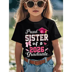 Senior 2026 Proud Sister of A 2026 Graduate | Family Coquette Novelty Aesthetic Graphic Kid T-Shirt | Cute Kid T Shirts Trendy Cool Tops Tees for Kid | Casual All-season Weekend Wear