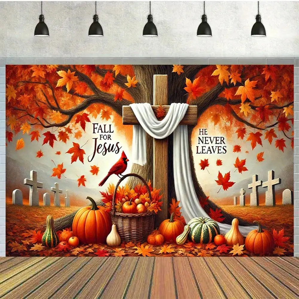 Polyester Religious Rectangle Photo Backdrop - Autumn-Themed Banner with Maple Trees, Pumpkins, Cardinals, Religious Cross, Animals - Ideal for Happy Birthday Celebrations, Photo Booths, Ceremonies, Wall Decor