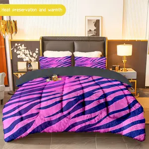 3pcs (1 comforter + 2 pillowcases) Pink & Navy Zebra Print Flannel and Milk Velvet Comforter Set, Soft Warm Cozy Bedding Essentials for Adults, Trendy Milk Velvet Bedding Set