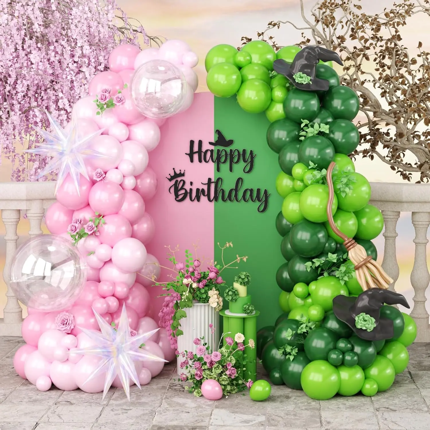 Pink & Green Balloon Arch Kit 153pcs Wick Balloons with Iridescent Star Balloons for Parties